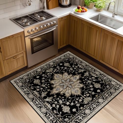 RELEANY Washable Area Rug, Square 4'x4', Black/Neutral by RELEANY