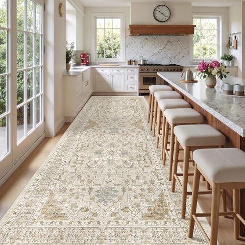Madane 4x10 Wide Hallway Runner Rug Washable for Living Room, Beige/Blue by Madane