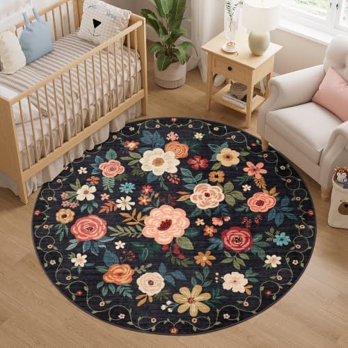 DUKINO 5ft Round Rug, Non Slip Floral Washable Small Circle Rug, Black by DUKINO