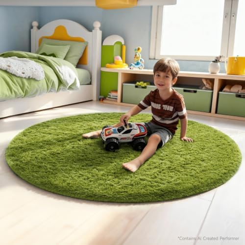Ophanie Round Rug 5Ft Green Circle Area Rug, Green Room Decor, Fluffy Fuzzy Bedroom Carpet, Plush Soft Shaggy Living Room Rugs for Kids Home Decor Aesthetic, Nursery with Over 99 pcs Pile fibers - Image 3