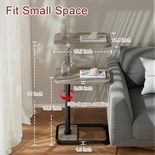 GOYLSER C Shaped End Table for Couch, Height Adjustable Living Room Rotating Couch Tray Tables Sofa Table Tv Trays for Bedroom, Swivel Wooden Side Table for Small Space, Grey - Image 3