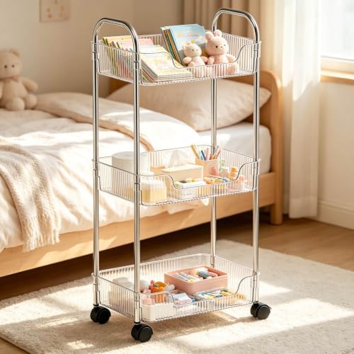 3 Tier Storage Organizer Rolling Utility Cart with Clear Baskets & Wheels - Image 6