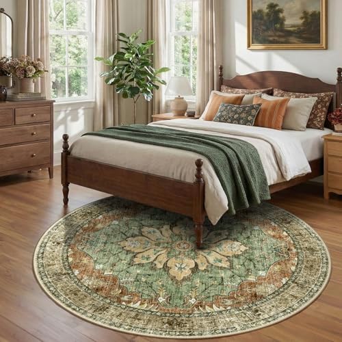 RELEANY Washable Area Rug, Round 8ft, Brick/Brown/Green - Image 3