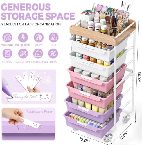 SYKIARIOL Utility Cart with 6 Labeling Drawers and Wooden Tabletop - Image 3