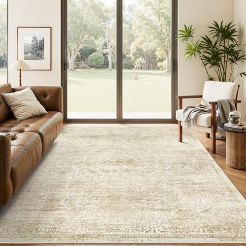 Soalmost 5x7 Area Rugs Beige/Ivory Washable Trendy Faded Style Floral Rugs by Soalmost