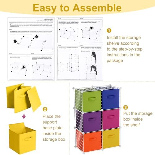 Leinuosen 6 Cube Storage Organizer with 6 Foldable Fabric Storage Bins, Metal Wire Grid Shelves, Stackable Modular Closet Organizer for Bedroom Living Room Office Toys Books(White,Colorful) - Image 3