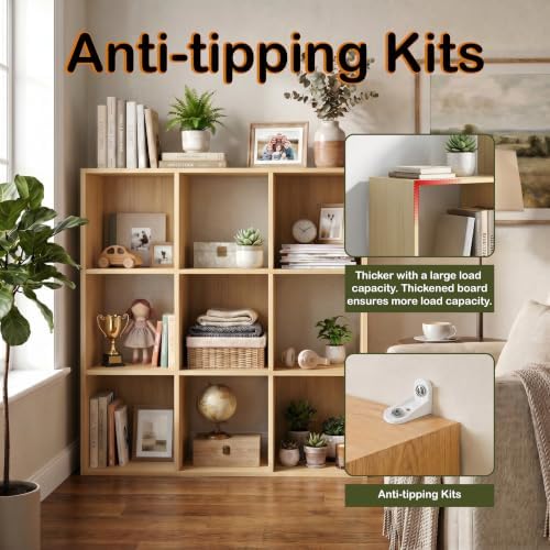 WannabeMyself【Sturdy Build&Easy Assembly】9 Cube Storage Organizer with Anti-Tipping Kits,Reversible Open Back Book Shelf, Bookcase for Living Room,Bedroom,Entrance Hall,Office,35.8×11.4×35.9,Oak Color - Image 4