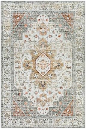 Moynesa Ultra-Thin Washable Area Rug - 4x6 Vintage Living Room Rugs Non-Shed Non Slip, Oriental Low Pile Indoor Accent Floor Carpet for Bathroom Bedroom Laundry Mudroom Entrance, Beige/Gold - Image 7