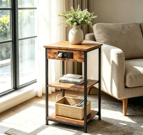 WLIVE End Table with Charging Station, Small Night Stand Rustic Brown - Image 3