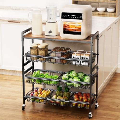 Cinati 4-Tier Utility Kitchen Cart with Wood Top, 29" W Kitchen Storage Cart with 8 Baskets & Handle, Metal Snack Cart with Wheels, Adjustable Pantry Organizer and Storage Cart for Fruit, Vegetables by Cinati