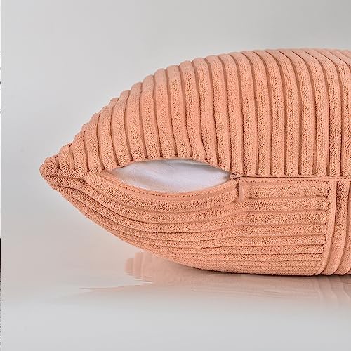 Fancy Homi 2 Packs Peach Samll Decorative Throw Pillow Covers 12x12 Inch with for Couch Bed Sofa, Rustic Farmhouse Boho Home Decor, Soft Corss Patchwork Corduroy Cute Square Cushion Case 30x30 cm - Image 4