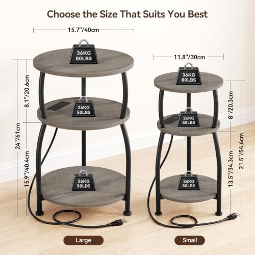 Round Side Table with Power Outlet, USB Type C Port, 3-Tier End Table - Image 3