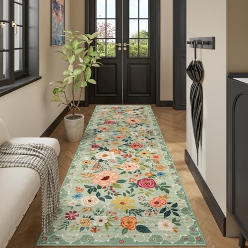 DUKINO 3x10 Runner Rug, Floral Washable Kitchen Runner Rug Non Slip, Green by DUKINO