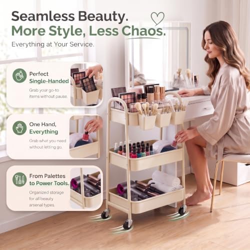 Beige 3 Tier Rolling Cart Metal with Wheels,Tan Three Tiered Bedside Carts - Image 6