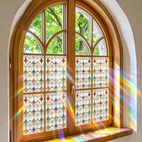 Window Privacy Film Stained Glass, 6 Pcs Gothic Rainbow Window Privacy Films Stickers with Installation Tools, Vintage Film Sticker Decals for Home Bathroom Glass Decorations 17.7 x 157.5 inches - Image 3