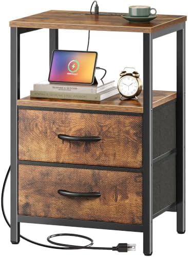 Huuger Nightstand with Charging Station, Side Table with Fabric Drawers by Huuger