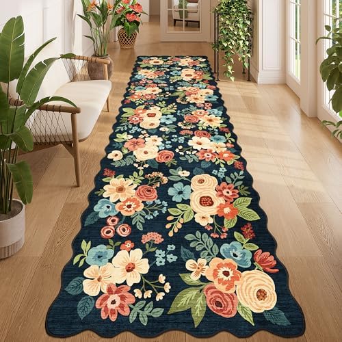 DUKINO 3x10 Runner Rug, Non Slip Floral Washable Rug for Hallway, Navy Blue by DUKINO