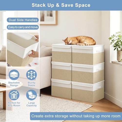 Bagnizer Large 22 Quart Linen Fabric Foldable Storage Bin Cube Organizer Basket with Flip-Top Lid & Handles, Clothes Blanket Box for Home, Office, Closet, Beige & White, 4 Pack 14.6 x 9.5 x 9.5” - Image 5