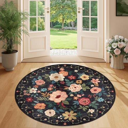 DUKINO 4ft Round Rug, Floral Washable Small Round Area Rug Non Slip, Black - Image 3
