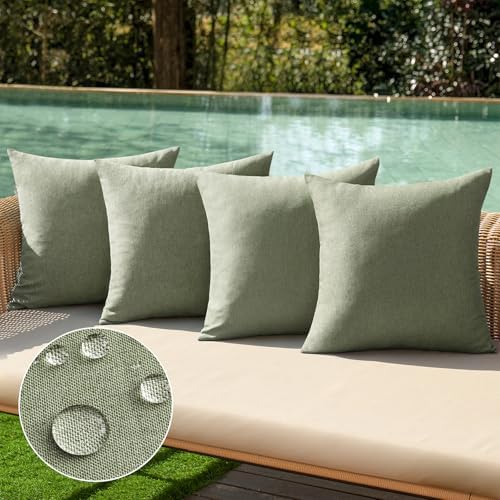 MIULEE Pack of 4 Decorative Outdoor Throw Pillow Covers Linen Waterproof Pillow Covers Summer Farmhouse Cushion Cases for Patio Garden Tent Balcony Couch Sofa 16x16 Inch Gray Green by MIULEE