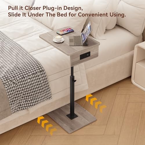 C Shaped End Table with Charging Station, Adjustable Height C Table End Table, 360°Swivel TV Tray Table for Small Spaces, Rounded Corners Couch Table, Side Tables Living Room for Sofa,Chair,Snack,Bed - Image 7