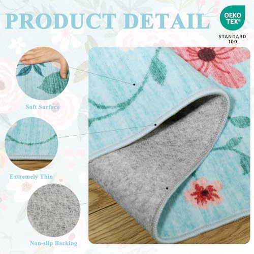 DUKINO 3x5 Area Rug, Floral Washable Rug for Bedroom Non Slip, Teal - Image 4