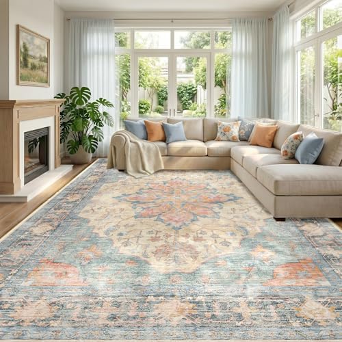 RELEANY Washable Area Rug, Large 10'x14', Blue/Orange/Red by RELEANY