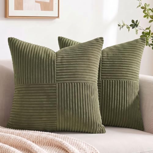 Fancy Homi 2 Packs Olive Green Samll Decorative Throw Pillow Covers 12x12 Inch with for Couch Bed Sofa, Rustic Farmhouse Boho Home Decor, Soft Corss Patchwork Corduroy Square Cushion Case 30x30 cm by Fancy+Homi