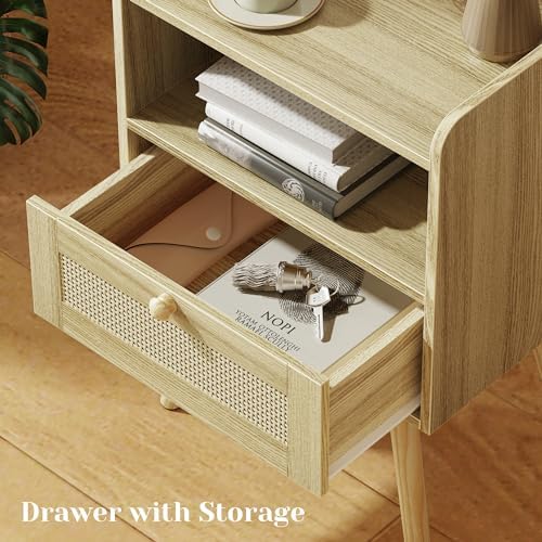 SUPERJARE Nightstands Set of 2, Night Stands with Charging Station, Natural - Image 5