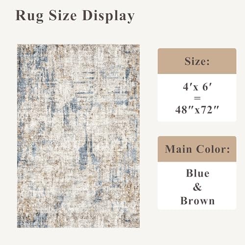 4x6 Washable Entryway Rug – Non-Slip Low-Pile Small Area Rug for Kitchen Bedroom Living Room Office – Modern Abstract Neutral Throw Carpet with Rubber Backing(Blue Brown) - Image 2
