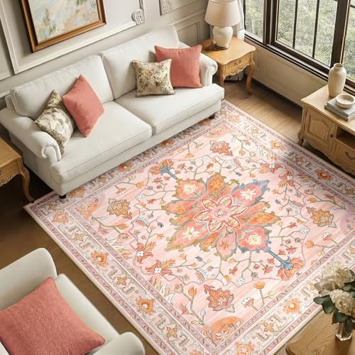 RELEANY Washable Area Rug, Square 6'x6', Pink/Light Pink/Colorful by RELEANY