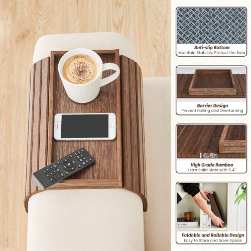 GEHE Bamboo Sofa Arm Tray, Foldable Couch Arm Tray Side Table, Anti-Falling Armrest Tables Cup Holder for Snacks, Drinks, Beers, Phone, Control, Flexible and Portable, Anti-Slip Bottom - Image 6