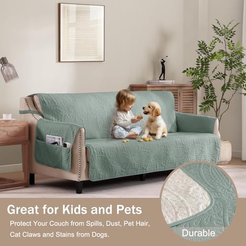 Sage Blue Loveseat Covers for 2 Cushion Couch, Water Repellent Slip Covers for Sofa, Washable Love Seat Quilted Couch Covers, Pet Friendly Loveseat Slipcovers (Loveseat 48", Sage Blue) - Image 2