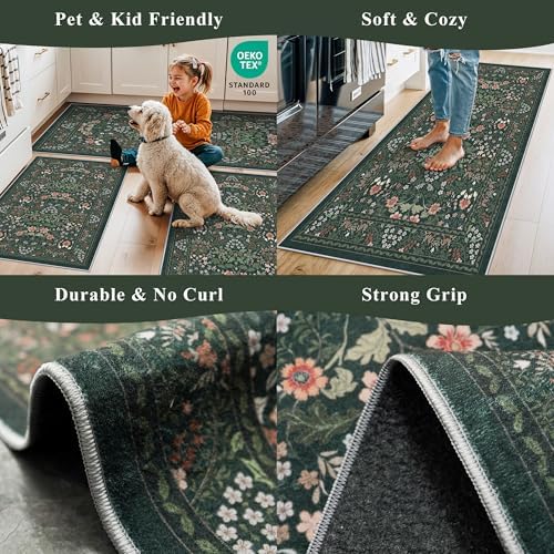3 Piece Kitchen Rug Set, Washable Non-Slip Kitchen Mats for Hardwood Floor, Boho Farmhouse Kitchen Runner Rug for Sink,Entryway & Hallway & Bathroom (Dark Green, 2x3+2x4+2x5) - Image 4