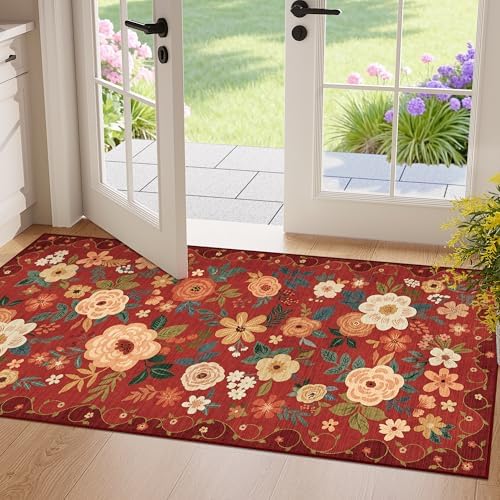 DUKINO 2x4 Entryway Rug, Floral Washable Kitchen Rugs Non Slip, Red by DUKINO