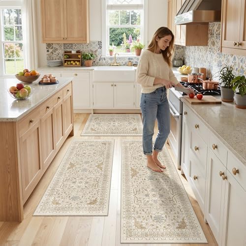 Madane Washable Kitchen Rug Set of 3 Small Area Rugs Non-Slip, Beige/Blue - Image 4