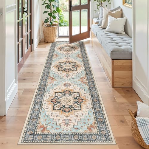 Madane Hallway Runner Rug 2x8 Washable Kitchen Rugs Non-Slip, Orange/Blue - Image 3