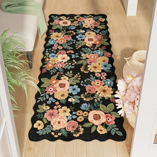 DUKINO 2x5 Washable Runner Rug, Floral Non Slip Rug for Kitchen, Black by DUKINO