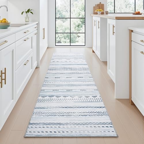 2x10 Runner Rug Machine Washable Non Slip Area Rug Distressed Neutral Moroccan Boho Rug Ultra Soft Floor Runners for Hallways for Entryway Laundry Room Kitchen, Blue - Image 3