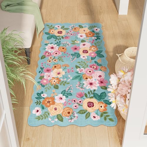 DUKINO 2x4 Rug for Entryway, Floral Washable Kitchen Rugs Non Slip, Teal by DUKINO