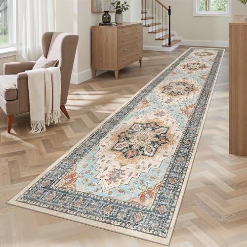 Madane Washable Runner Rugs 2x10 Long for Hallway Kitchen, Orange/Blue - Image 2