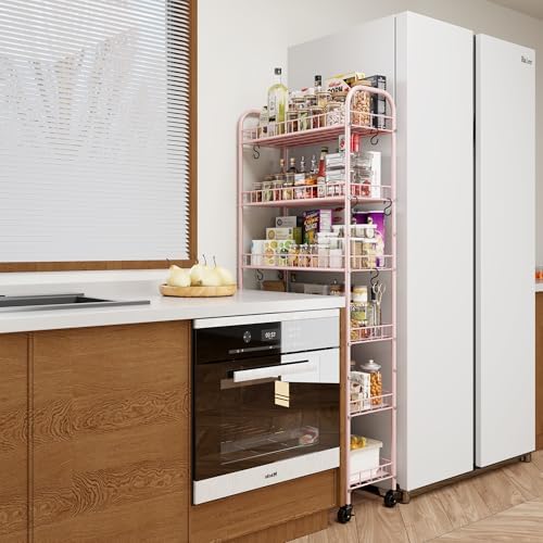 6 Tier Slim Rolling Storage Cart with Wheels, Metal Mobile Shelving Unit Organizer Utility Cart for Office Bathroom Kitchen Laundry Room Narrow Places (Pink 10 Inches) - Image 2