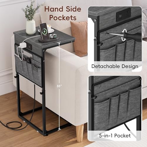 Vagusicc C-Shaped End Table Set of 2 with Charging Station, Small Side Table for Couch, Adjustable Height Couch Side Table, Slide Under Sofa Table TV Tray for Living Room,Bedroom,Bedside, Gray Walnut - Image 6
