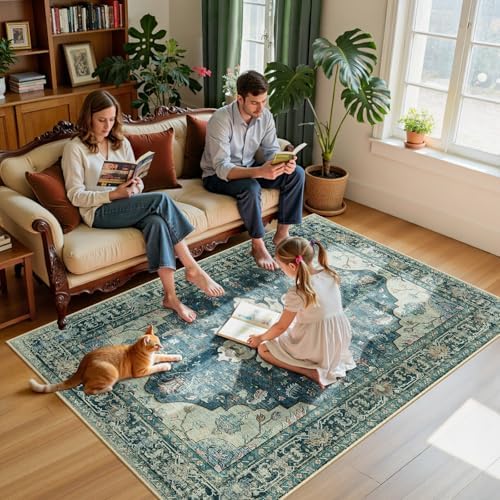RELEANY Washable Area Rug, 5'x7', Blue/Vintage Dark Blue - Image 3