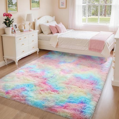 Ophanie Rainbow Rug for Bedroom Girls,Unicorn Colorful Fluffy Soft Cute Fuzzy Area Rugs,Shag Plush Shaggy Bedside Floor 4x6 Furry Carpet for Kids Baby Teen Dorm Decor with Over 99 pcs Pile fibers - Image 5