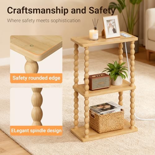 ELYKEN Narrow Side Table with Charging Station, 3-Tier Skinny Bedside Table - Image 6