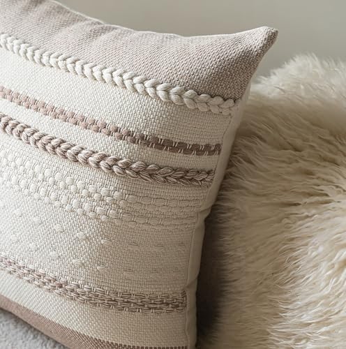 Cethom Boho Throw Pillow Covers 18x18 Inch Set of 2, Khaki Textured Decorative Couch Pillow Cases for Farmhouse Home Decor, Accent Cushion Cover for Sofa, Bed, Living Room, Bedroom - Image 3