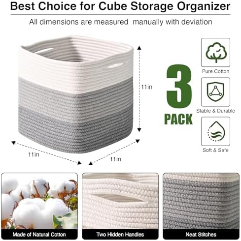 ICERZCZ 11 Inch Cube Storage Bins, Storage Cube Organizer Bins, Woven Cotton Rope Basket for Storage, Storage Baskets for Organizing Shelves, Grey Baskets for Toys, Gradient Grey (Pack of 3) - Image 2