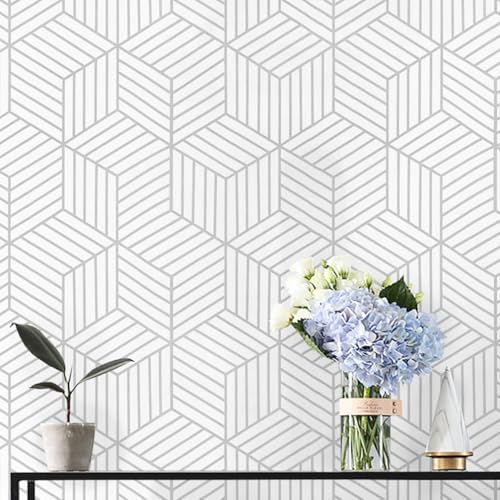 CiCiwind 17.7"x197" Peel and Stick Wallpaper White Silver Wallpaper Geometric Striped Hexagon Contact Paper Removable Self-Adhesive Wallpaper Textured Contact Paper for Bedroom Study Room Walls by CiCiwind