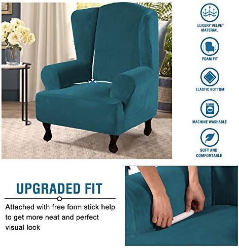 H.VERSAILTEX Wingback Chair Covers Velvet Plush Wing Chair Slipcover 1 Piece High Stretch Wing Back Chair Slipcovers Sofa Cover Furniture Cover with Elastic Bottom, Deep Teal - Image 4